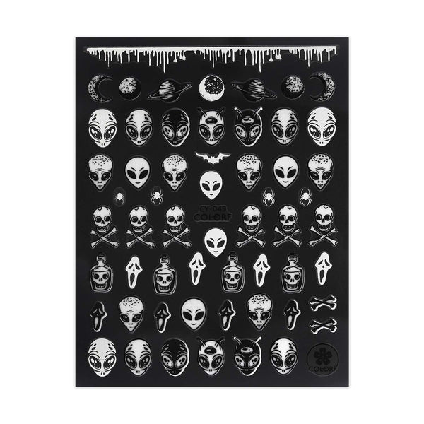 Glow in the Dark Halloween Stickers - Aliens & Skulls - Black & White